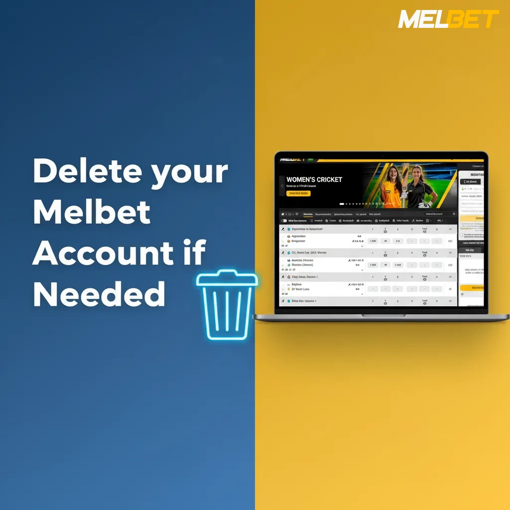 Graphic showing Melbet account closure steps: contact support, verify ID, choose self-exclusion or delete, withdraw balance.