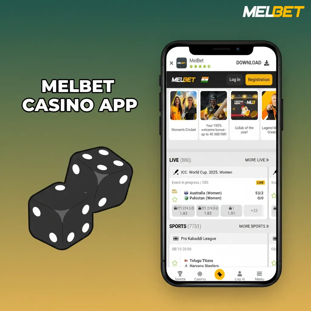 Melbet Casino app home screen featuring live events, one-tap sports/casino switch, slots, live dealers and 24/7 tables.