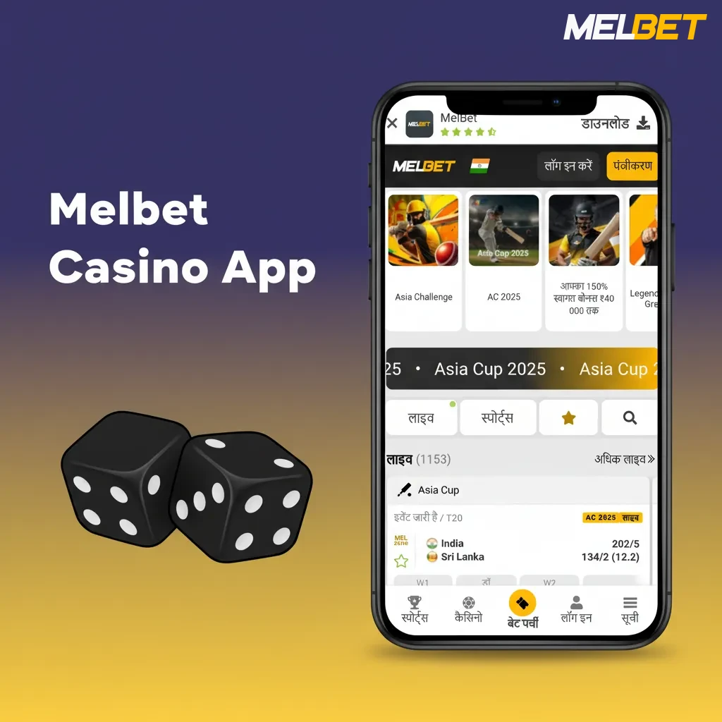 Melbet Casino app UI showing slots (Book of Dead, Gates of Olympus), live dealer tables, and a Promotions tab.